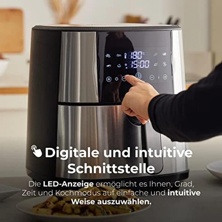 MasterPro Foodies - Fritteuse Ohne Öl, AirFryer XXL, 6L Fassungsvermögen und 1800W Leistung, 90% weniger Fett, Touchscreen-LED-Display und Antihaft-Korb, 8 Kochprograme, Grau – Bild 5