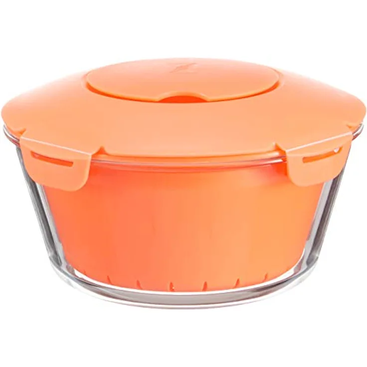PASABAHCE 4995806 Reiskocher Mikrowelle Zest aus Glas mit Korb aus Kunststoff und Deckel aus rutschfestem Material, Orange, 2,2 l