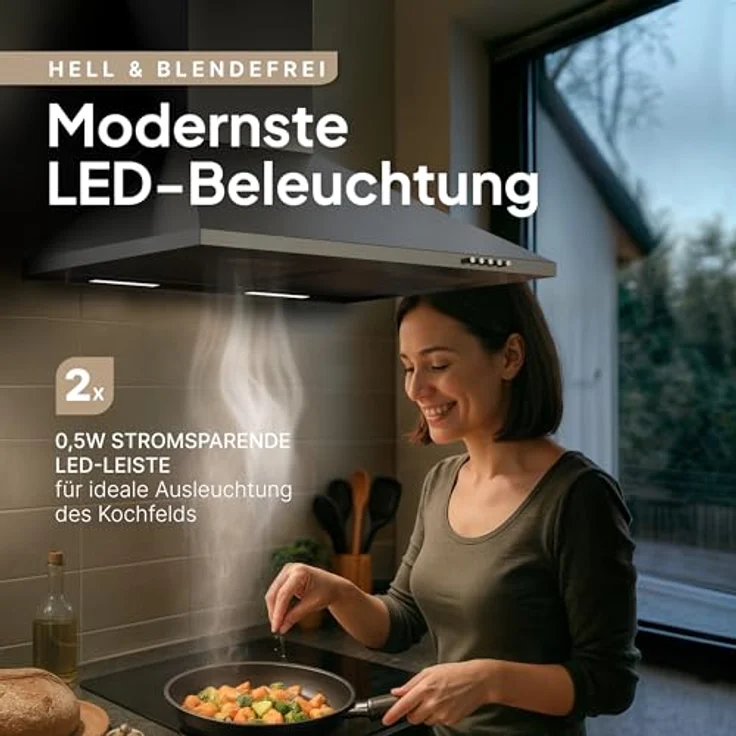LEVIVO Dunstabzugshaube 60 cm A+++ mit 410 m³/h, Umluft & Abluft, 2 Aktivkohlefiltern, 2 Fettfiltern, Wandhaube, 3 Stufen, Edelstahl – Bild 6