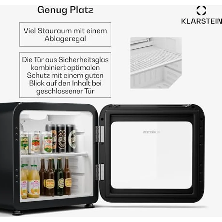 Klarstein Audrey Evo Getränkekühlschrank, 46 Liter, mit Glastür, retro schwarz, energieeffizient Klasse C – Bild 5