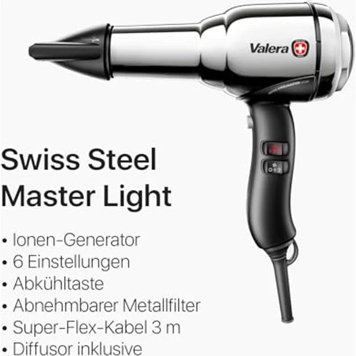 Valera, Swiss Steel Master Light, professioneller Haartrockner aus verchromtem Stahl, leichter Föhn mit leistungsstarkem Motor, 3 Temperaturstufen, Ionen-Generator, 2100 W – Bild 2