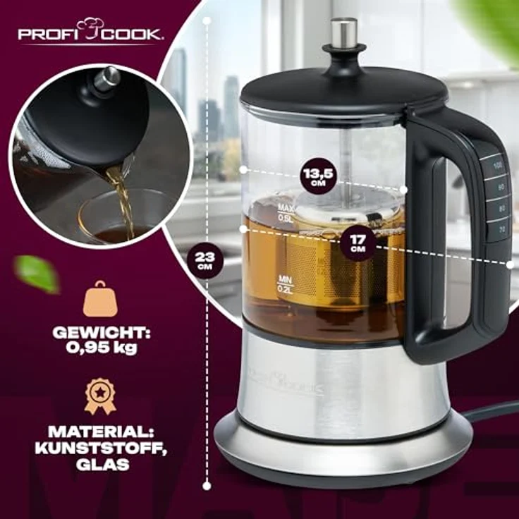 Profi Cook PC-TK 1165 1165-2 in 1-Tee-und Wasserkocher, Permanent Edelstahl-Teefilter (heb-und senkbar), 0,5 L Füllmenge, Warmhaltefunktion, Glas--Edelstahlgehäuse, Schwarz-Silber – Bild 5