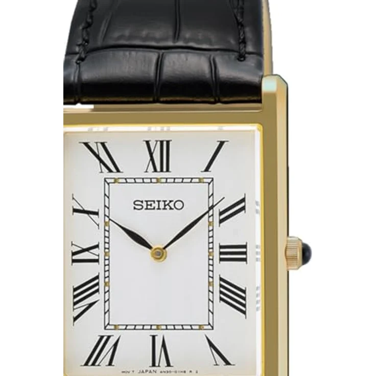 Seiko Klassische Herren-Armbanduhr, 27 mm, SWR104P1, vergoldetes Edelstahlgehäuse, schwarzes Lederarmband, Saphirglas, wasserdicht bis 50 m – Bild 2