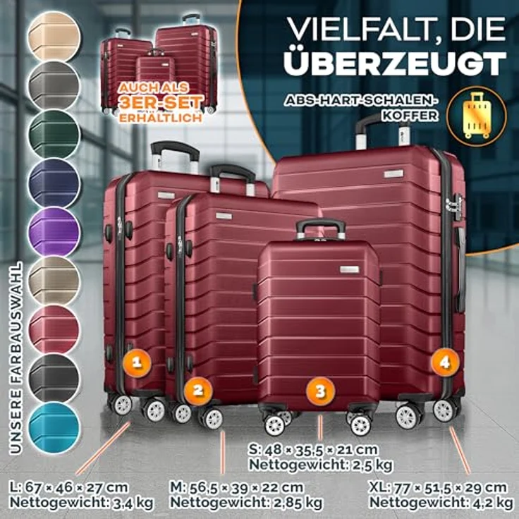 tillvex® Reisekoffer Set 4-TLG. Hartschalenkoffer mit 4 Rollen, TSA Schloss, integrierte Gepäckwaage, 8 Koffergurte & 4 Kofferanhänger, Größen S-M-L-XL, Rot – Bild 5