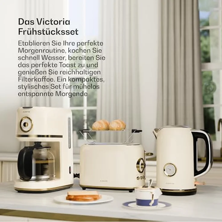 Klarstein Victoria Frühstücksset, 2-Scheiben-Toaster mit Brötchenaufsatz, 1,7L Wasserkocher, 12 Tassen Filterkaffeemaschine, Retro Design, Warmhaltefunktion, Cream – Bild 3