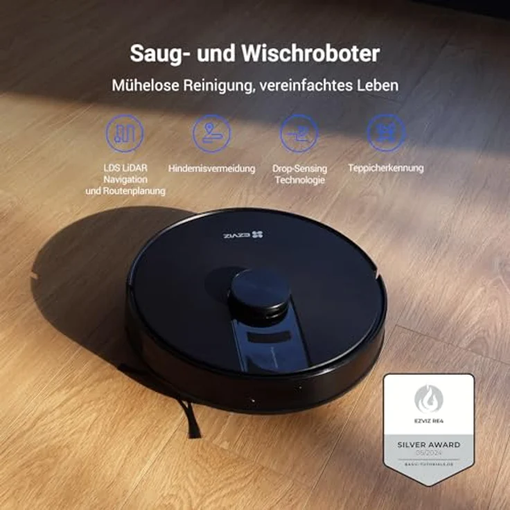 EZVIZ Staubsaugerroboter RE4 mit Wischfunktion, WLAN, LiDAR Navigation & Routenplanung, Drop-Sensing Technologie, Teppich-Erkennung, App Kontrolle, schwarz – Bild 2