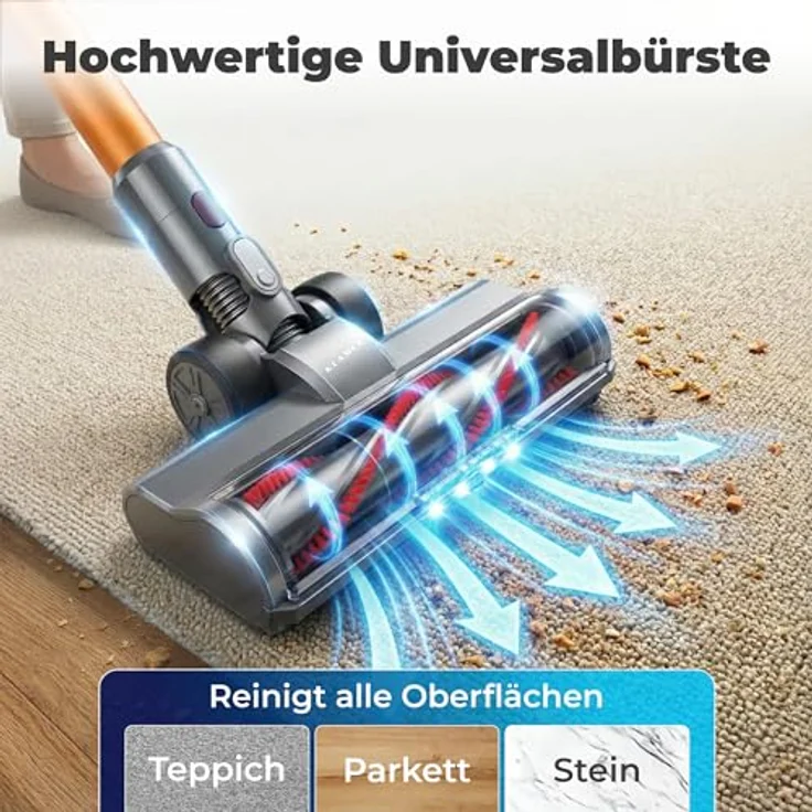 KLAMER Akku Staubsauger 2-in-1, kabellos & Handstaubsauger mit 60 min Akkulaufzeit, für Teppich, Auto, Hartböden, Polster & Tierhaare, LED-Bodenkopfbeleuchtung – Bild 8