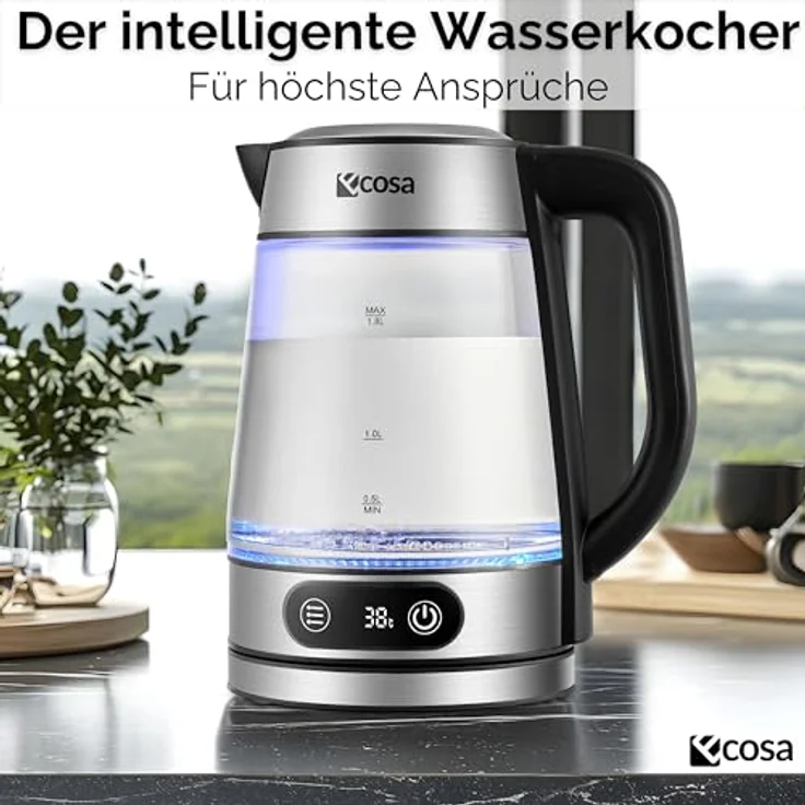 Ecosa® Glas Wasserkocher mit Temperatureinstellung, 1,8 Liter, 2.200 Watt, Edelstahl, LED-Beleuchtung, Warmhaltefunktion, Memory-Funktion, 100% BPA-frei – Bild 2