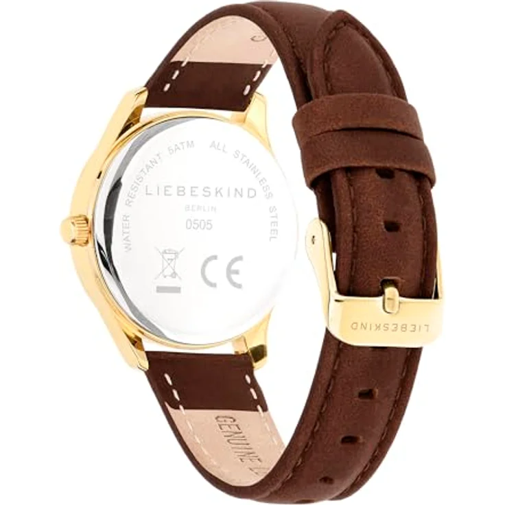 LIEBESKIND Quarzuhr 33 mm, Damen Armbanduhr mit gold teilmattiertem Edelstahlgehäuse und hochwertigem Lederarmband, wasserdicht bis 5 ATM – Bild 4