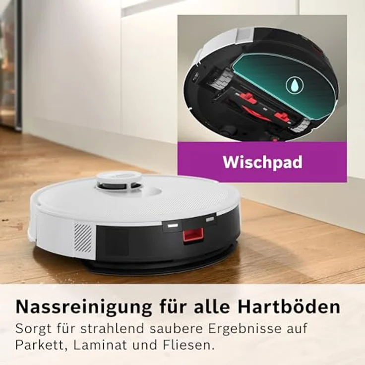 BOSCH Saugroboter Spotless + BCRD1W, Saug- und Wischroboter mit 11.000 Pa Saugkraft, beutellos, Infrarot Navigation, Carbon Bürste, Trocken-Servicestation – Bild 4