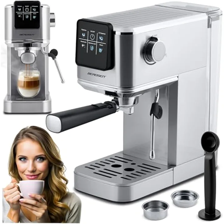 Berdsen BD-770 Silber, Halbautomatische Siebträgermaschine mit 20 bar Pumpendruck und integriertem Milchaufschäumer