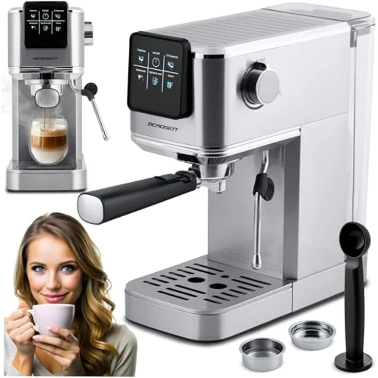 Berdsen BD-770 Silber, Halbautomatische Siebträgermaschine mit 20 bar Pumpendruck und integriertem Milchaufschäumer – Bild 1