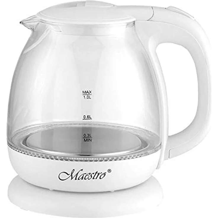 Maestro MR-055, elektrischer Glas-Wasserkocher 1 L mit 1100 W, Innenbeleuchtung, Weiß – Bild 1