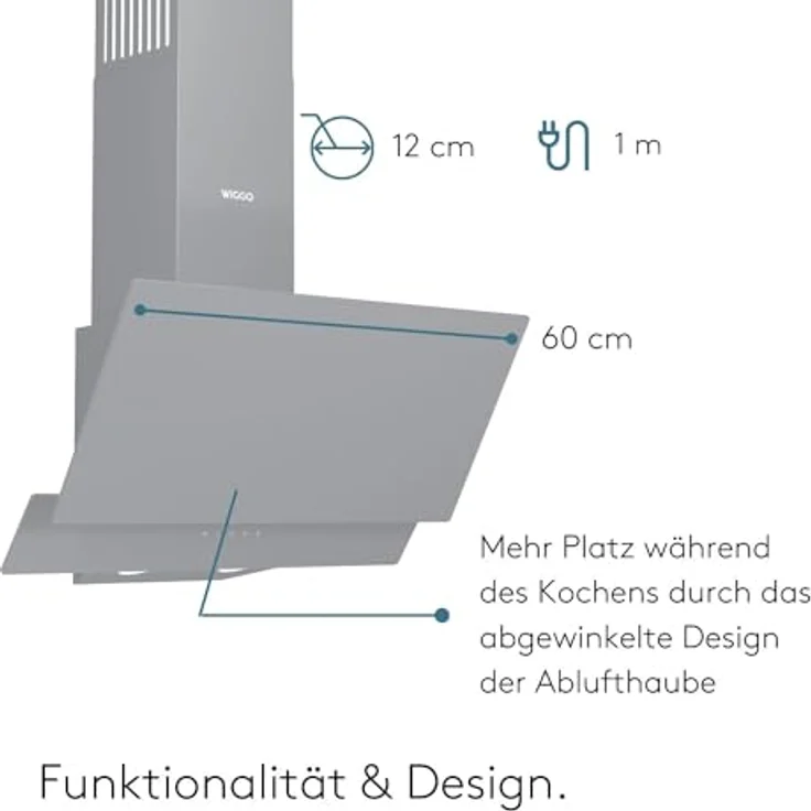 Wiggo A642 Dunstabzugshaube 60cm kopffrei I Abluft Umluft Dunstabzug 626m³/h - Touch-Display 4 Stufen I Energieeffizienzklasse A Schräghaube inkl. 2x Kohlefilter I Abzugshaube Glasfront grau – Bild 5