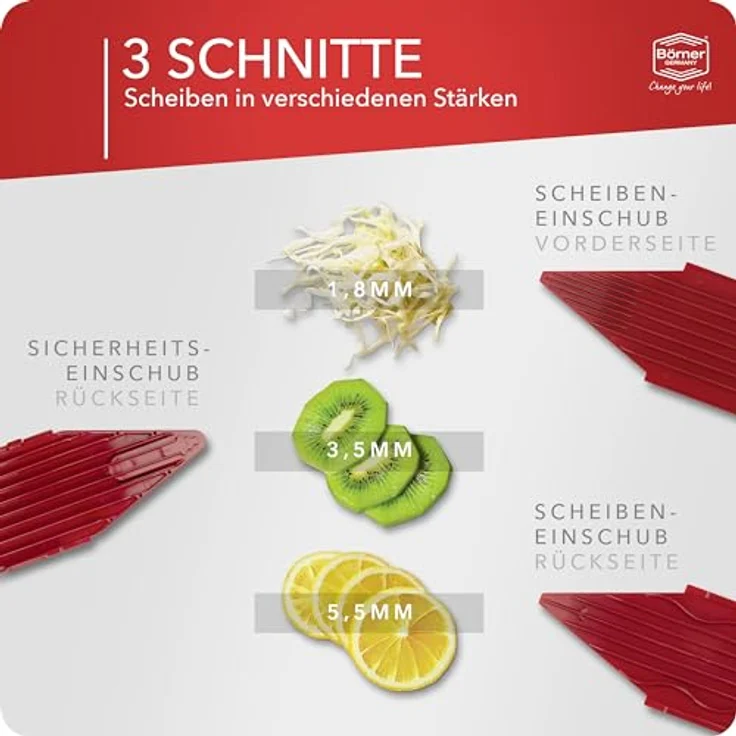 Börner Gemüsehobel V1 ClassicLine Basis Set, Kunststoff, nur zum Schneiden von Scheiben rot – Bild 4