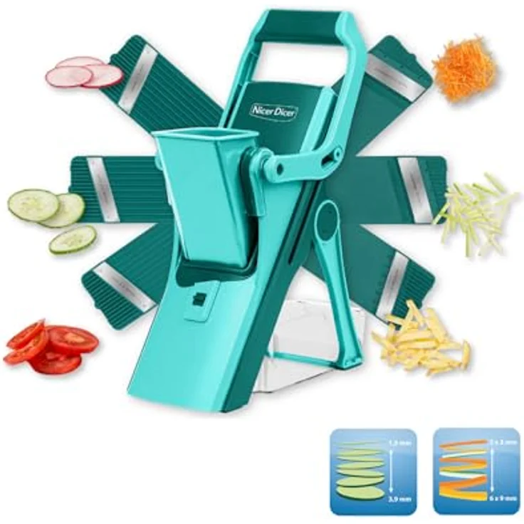 Genius Gemüseschneider Nicer Dicer Mando 12tlg., Gemüsehobel mit 6 austauschbaren Klingen, Mandoline Vegetable Chopper für Scheiben Julienne Streifen - Hochwertiger Standhobel in neuem Design, grün – Bild 3