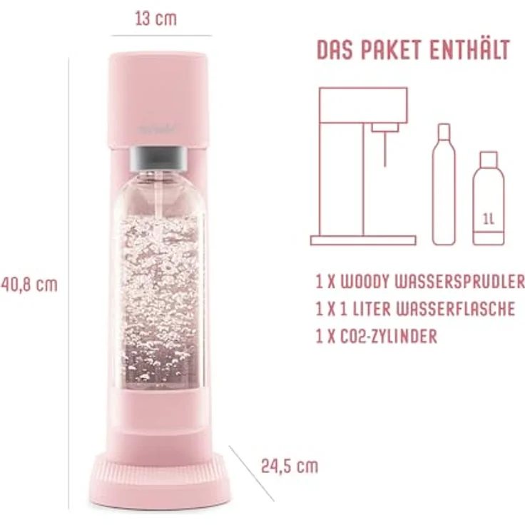 Mysoda Woody Wassersprudler aus Holzkomposit Material mit Quick-Lock BPA-frei Plastikflasche und CO2-Zylinder - Pink – Bild 2