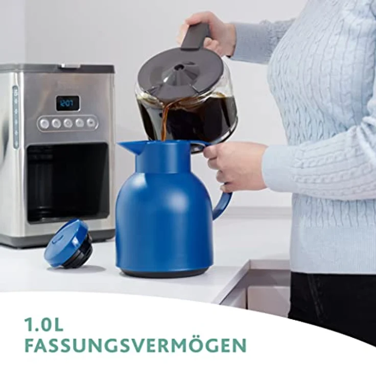 Emsa 509819 Samba Isolierkanne (1 Liter, Quick Press Verschluss, 12h heiß, 24h kalt) azurblau – Bild 3