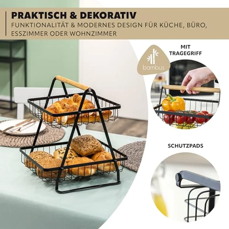 eluno Obstschale 2-stöckige Etagere, Bambus und schwarz, platzsparend und luftdurchlässig – Bild 6