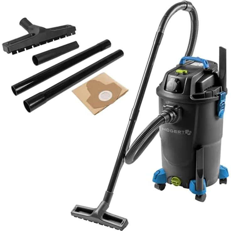 Högert Technik Nass- & Trockensauger 30 L, 1200 W, antistatischer Schlauch, Blasfunktion, integrierte 2000 W Steckdose, 4 schwenkbare Räder, 2 m Schlauch, 4 m Kabel