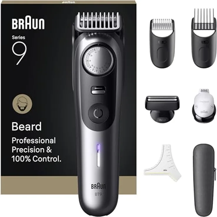 Braun Barttrimmer Series 9, Power Boost & ProBlade Klinge, 180 Min Akkulaufzeit, 52 Längen, Wasserdicht, BT9520, Chrom