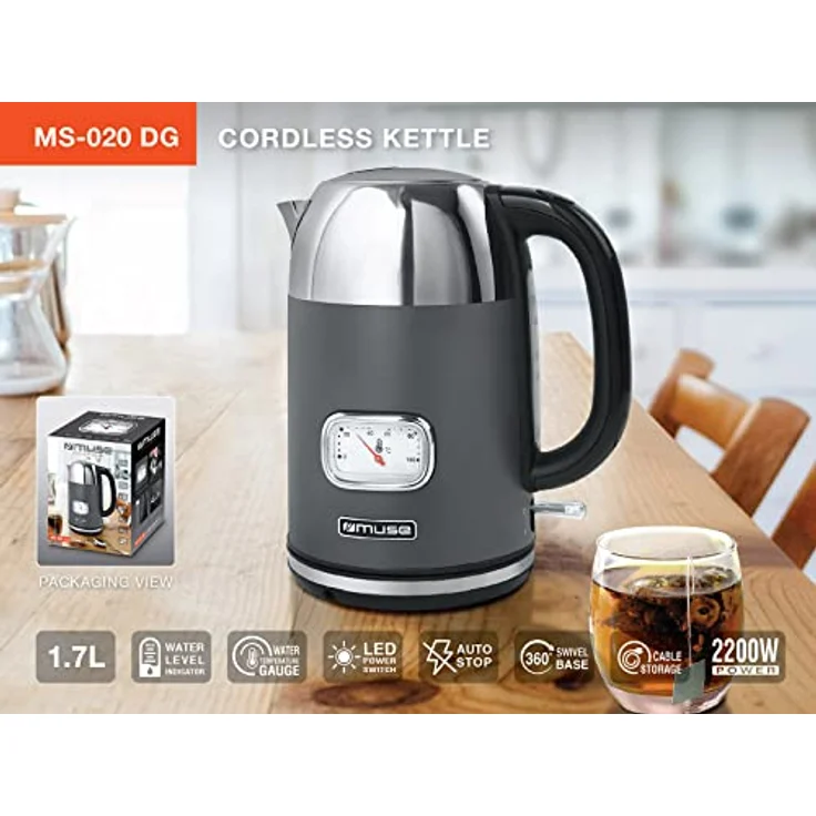MUSE Edelstahl Retro Wasserkocher mit analoger Temperaturanzeige, mit Filter, transparenter Skala, 1,7L Fassungsvermögen, Automatische Abschaltung, grau-edelstahl (MS-020 DG) – Bild 2