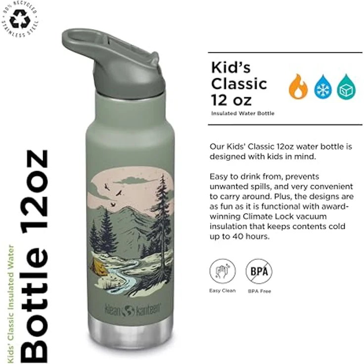 Klean Kanteen Klassische Kinder-Wasserflasche, 340 ml, mit Klappverschluss und Sportverschluss, berglandschaft-design, BPA-frei, doppelwandige Isolierung – Bild 2