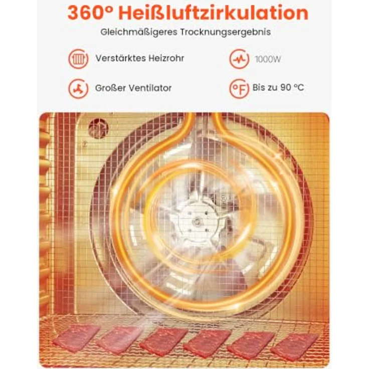 VEVOR Dörrautomat, elektrisches Dörrgerät mit 10 Edelstahlschalen, 1000 W, einstellbare Temperatur von 37,4 °C bis 77 °C, Sichtfenster, für Trockenfleisch, Obst, Gemüse und Kräuter – Bild 2