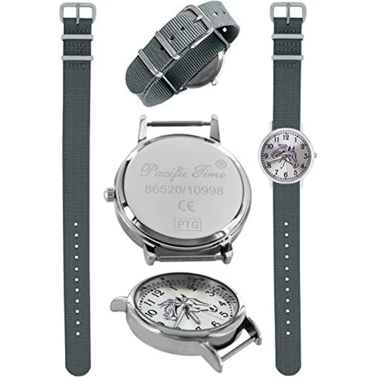 Pacific Time Mädchen Uhr Pferde, analog Quarz mit leuchtenden Zeigern und grauem Textil-Wechselarmband, 3,2 cm Gehäusedurchmesser – Bild 3