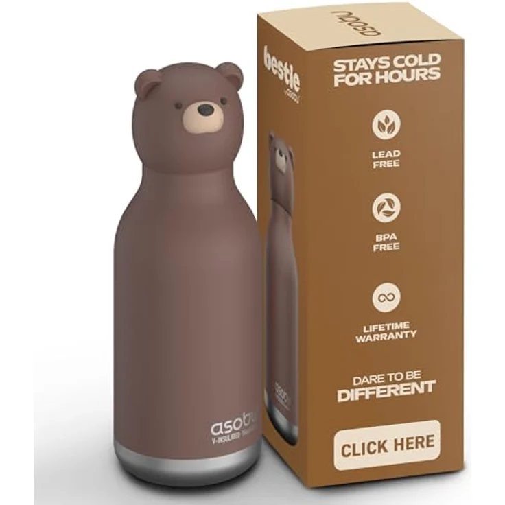 ASOBU Bestie Kindertrinkflasche mit Strohhalm, isolierte Edelstahlflasche 420ml mit braunem Bärenkopf, auslaufsicher & BPA-frei – Bild 1