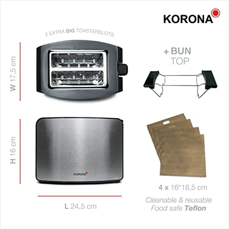 KORONA Toaster 21250 2-Schlitz-Toaster, 850 Watt, extra große Röstschlitze, ideal für American Toasts, Aufwärmen, Auftauen, silber – Bild 6