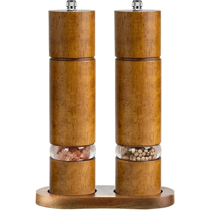 TUWENA Pfeffermühle 2er Set, manuelle Salz- und Pfeffermühle mit Keramikmahlwerk, einstellbare Feinheit, Vintage-Farben, inklusive Holz-Basis