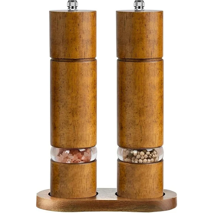 TUWENA Pfeffermühle 2er Set, manuelle Salz- und Pfeffermühle mit Keramikmahlwerk, einstellbare Feinheit, Vintage-Farben, inklusive Holz-Basis