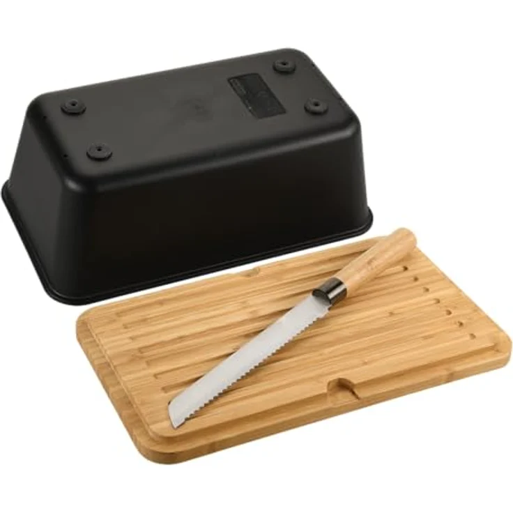 Kesper Brotbox mit Messer, Schneidebrett aus FSC-zertifiziertem Bambus, Maße: 34,8 x 20 cm, Spülmaschinengeeignet, Schwarz/Braun – Bild 3