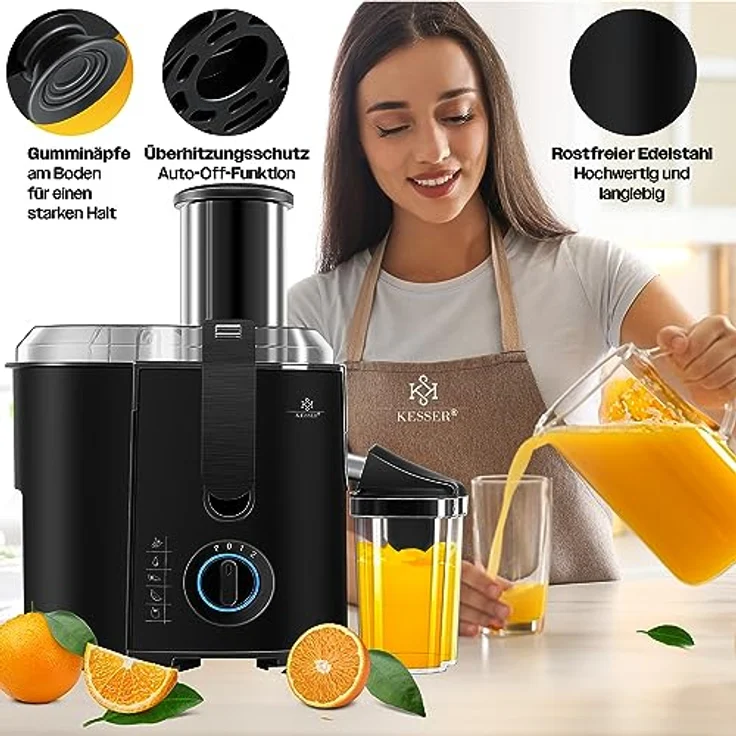 KESSER Entsafter für Obst und Gemüse, aus Edelstahl, 1100W, große 85 mm Einfüllöffnung, inkl. Reinigungsbürste und Saftbehälter, 3 Geschwindigkeitsstufen, Saftpresse Juicer, schwarz – Bild 5