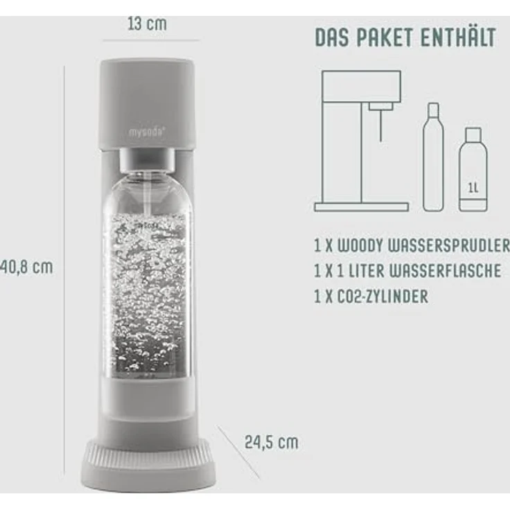 Mysoda Woody Wassersprudler, inkl. 1 Liter PET-Flasche, 60L CO2-Zylinder, grau – Bild 2