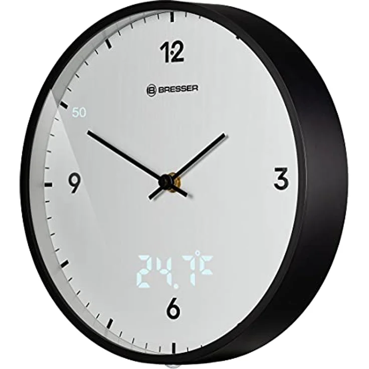 Bresser MyTime Wanduhr mit Funk ohne Tickgeräusche mit 24 cm großem Ziffernblatt, LED  Sekundenanzeige, Innentemperatur und geräuschlosem Funkuhrwerk, weiß – Bild 1