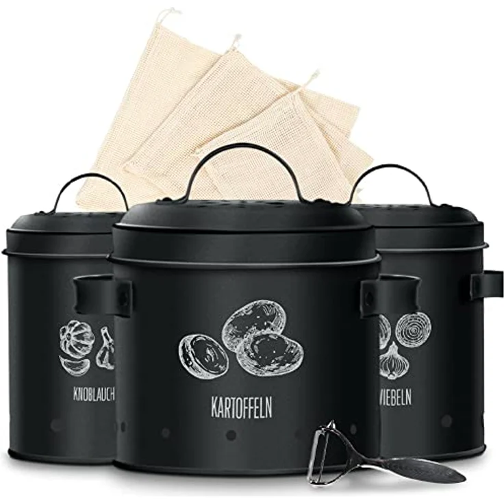 KitchenQuality Kartoffelaufbewahrungsbox 3er-Set mit luftdichten Behältern für Knoblauch, Zwiebeln & Kartoffeln, verzinktes Metall, inkl. Sparschäler & Jutebeutel – Bild 1