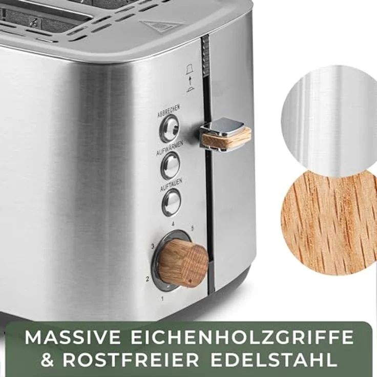 WALDWERK Design Toaster aus 304 Edelstahl und Eichenholz, für 2 Scheiben mit Brötchenaufsatz, extra breite und tiefe Toastkammern, mit Krümelschublade – Bild 5