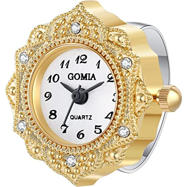 JewelryWe Ringuhr Damen Analog Quarz, Retro Geschnitzt mit Blumen, Strass, Edelstahl, Verstellbar, Weißes Zifferblatt und Gold Gehäuse – Bild 1