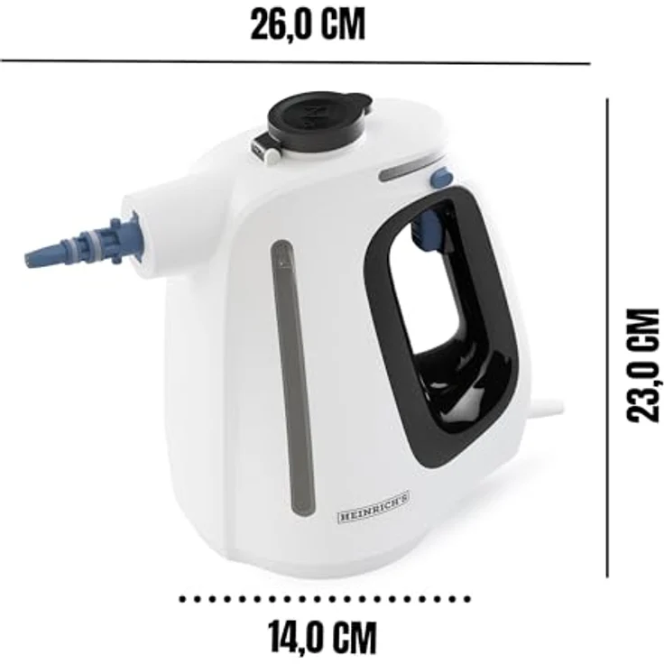 HEINRICHS Handdampfreiniger, Dampfreiniger mit 1350W, 550ml Wassertank, 3,0 Bar Dampfdruck, 30 Sek. Aufheizzeit, 5m Kabel, für Küche, Bad, Auto, Polster, Fenster – Bild 2