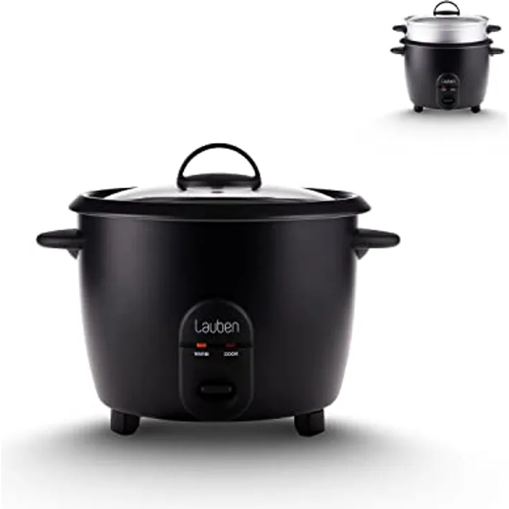 Lauben Rice Cooker 600BC Klein 0,6l, Metall-Dampfeinsatz, Glasdeckel, Dampfgarer, Antihaft, Cool-Touch, Warmhaltefunktion