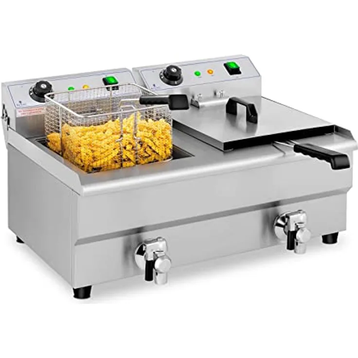 Royal Catering Fritteuse Edelstahl Doppel-Fritteuse RCEF 13DB (2 x 3.200 W, Kapazität: 2 x 13 l, Temperaturbereich: 50-200 °C, Kaltzone, mit Ablasshähnen)