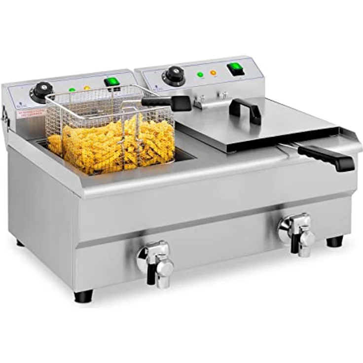Royal Catering Fritteuse Edelstahl Doppel-Fritteuse RCEF 13DB (2 x 3.200 W, Kapazität: 2 x 13 l, Temperaturbereich: 50-200 °C, Kaltzone, mit Ablasshähnen) – Bild 1
