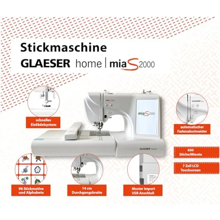 GLAESERhome miaS2000 Stickmaschine, kompakte Stickmaschine mit 96 vorinstallierten Designs und USB-Anschluss – Bild 4
