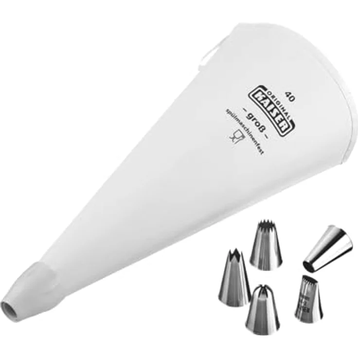 Kaiser Spritzbeutel Set 7-teilig, wiederverwendbarer Spritzbeutel groß mit Tüllen, Adapter, 5 Spritztüllen, kochfest, Schneidehilfslinie – Bild 2