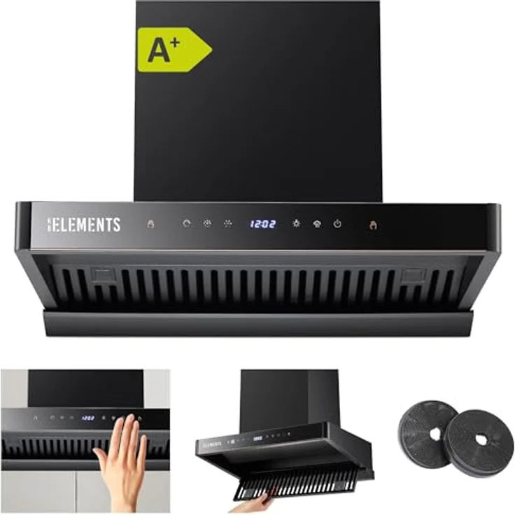 KB ELEMENTS Dunstabzugshaube 60cm, Umluft/Abluft Dunstabzugshaube in Schwarz mit 1350m³/h starker Saugleistung, 8 Einstellstufen, Aktivkohlefilter, Effizienz A+, ELK150H60 – Bild 1