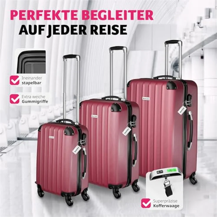 tectake® 3er Kofferset mit Kofferwaage & Kofferanhänger, ABS Hartschalenkoffer Set, Teleskopgriff - weinrot – Bild 4