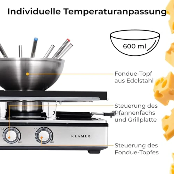 KLAMER Raclette Fondue Kombi 3-in-1 für 8 Personen, 2200 W, Edelstahl mit ILAG Antihaftbeschichtung, inkl. 8 Holzspatel, Pfännchen und Fonduegabeln, Deutsches Design Berlin – Bild 4