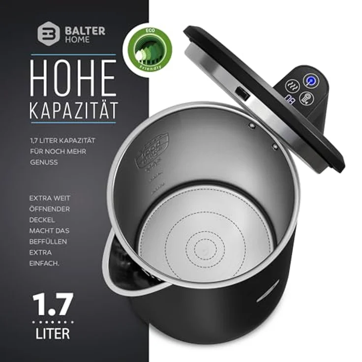 Balter Edelstahl Wasserkocher WK-5-Touch mit Temperatureinstellung, 40°C-100°C, Doppelwand, BPA frei, 1,7L, Schwarz – Bild 5